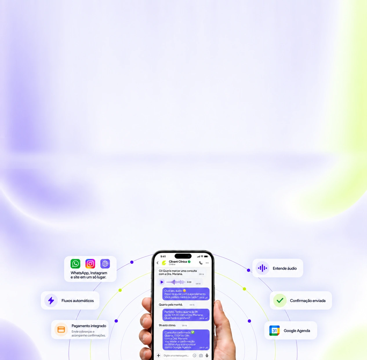 Celular com conversa de agendamento e recursos de canais, automações, pagamentos e agenda da Clivant