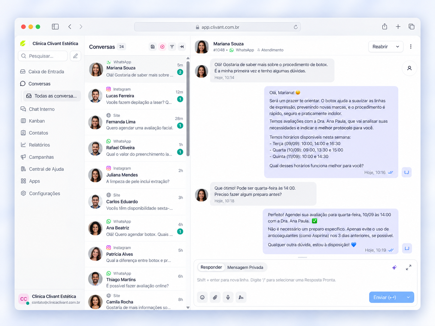 Tela de conversas do Clivant Flow com inbox unificado e histórico do paciente